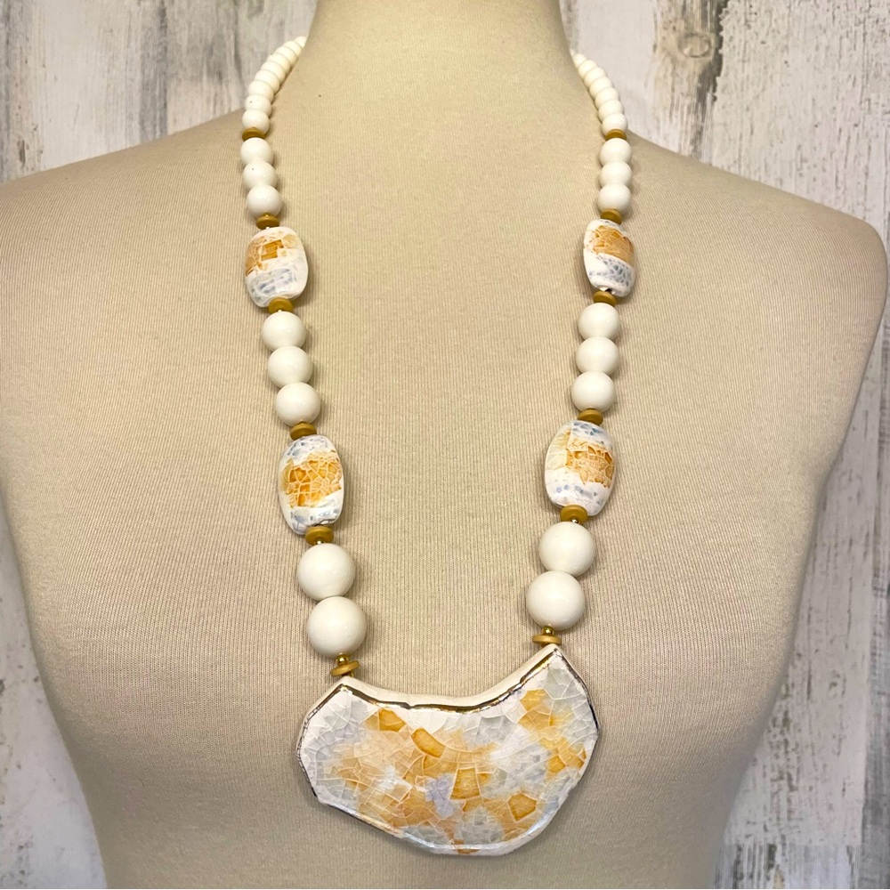 Vintage Japan Stamped White Gold Blue Ceramic Painted Medallion Beaded Necklace